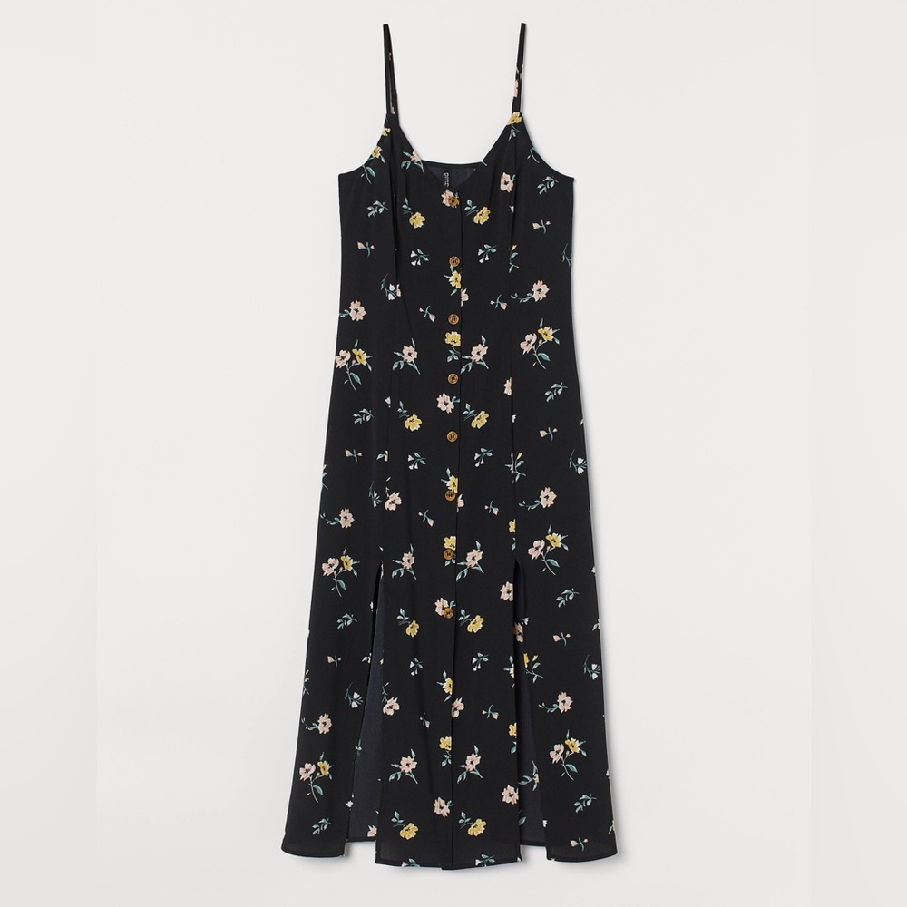 H&M Button Front Black Floral Midi Dress - Picture 9 of 9